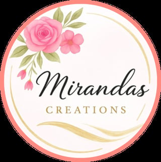 Mirandas Creations logo with pink flowers, green leaves, and gold accents on circular background